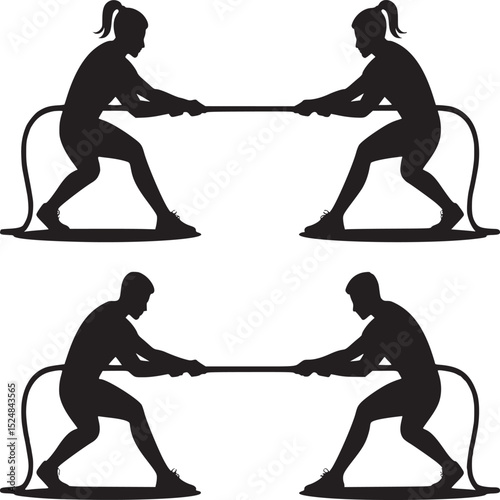 Silhouettes of two teams in a tug of war competition on a white background in a vector format