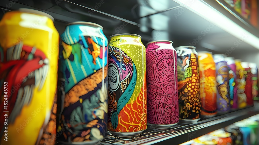 Fototapeta premium 35. Soft drink cans with custom artwork in refrigerator display
