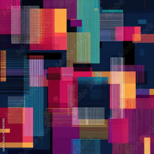 Abstract composition of overlapping, multicolored rectangles with varying transparency and line textures on a dark background