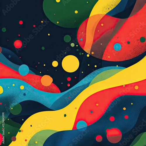 Abstract artwork featuring vibrant, flowing shapes and colorful dots against a dark background
