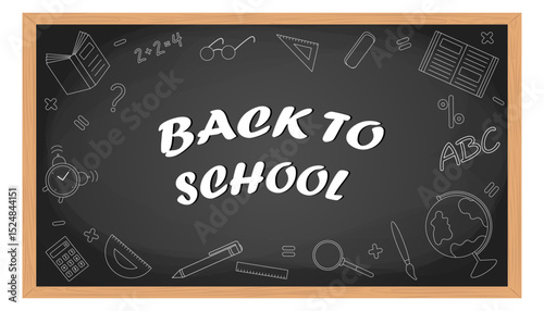 Realistic black chalkboard with wooden frame isolated on white background. Blank school chalkboard for class or restaurant menu