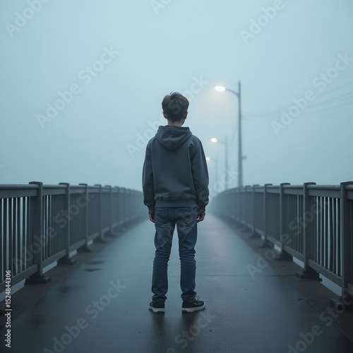 Teen boy standing on bridge facing mist, Moody early morning atmosphere with cool tones, Casual hoodie and jeans, Urban solitude and reflective emotional style