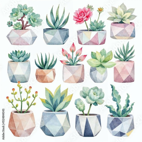 Watercolor Clipart of Pastel Succulents in Geometric Pots on White Background