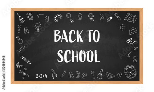 Realistic black chalkboard with wooden frame isolated on white background. Blank school chalkboard for class or restaurant menu