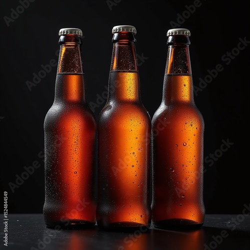 Three ice cold beer bottles upright, Dramatic black background studio shot, Steam rising with visible fizz details, High contrast lighting with deep shadows