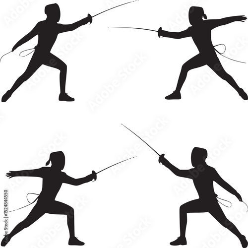 Four black silhouettes of fencers in action poses against a white background in a pattern format