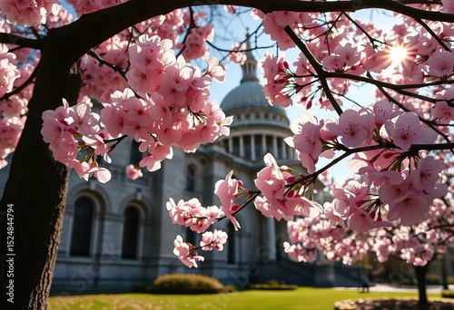 Cherry blossoms blooming in St Paul's Cathedral shadow, spring sunlight, architecture,  peaceful