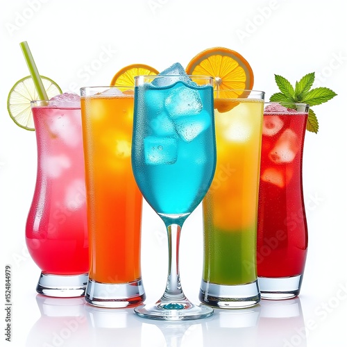 Vibrant cocktail set in tropical colors, Multiple drinks with fruit garnishes, Photographed in clear glasses with ice, Isolated on transparent background