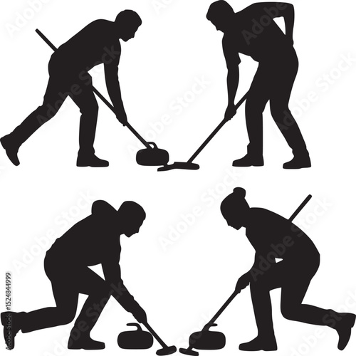 Four curling players in silhouette preparing to sweep the ice in a winter sports competition scene