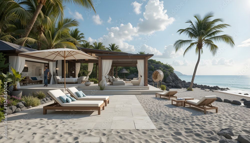 Fototapeta premium The villa’s private beach cove featuring chic lounge chairs and a stylish cabana