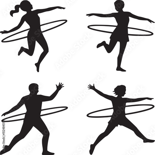 Four silhouettes of people engaged in hula hooping against a white background in a collage format