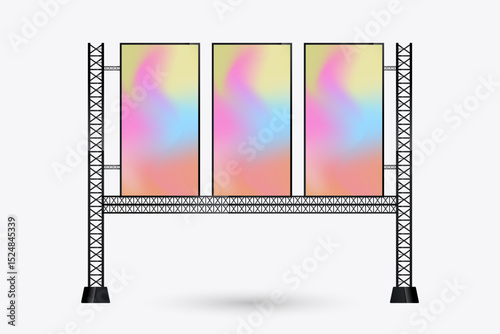 The hanging three LED columns Mockup crossing the street for long, and three realistic LED screens light box. the Illuminated technology long screen cross the road for advertising