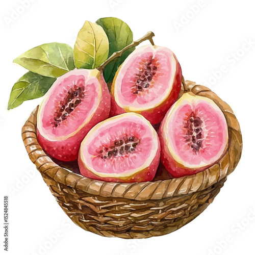 watercolor vector of Guava Fruit Basket, high quality, isolated on a white background.