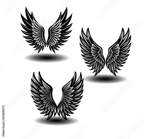 Feathered angel wings icon pack in black and white vector style. Designed for gothic themes, tattoo designs, spiritual illustration work, and branding creative projects.

