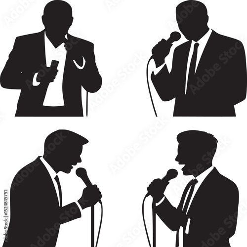 Four silhouettes of men in suits holding microphones and speaking on a white background isolated