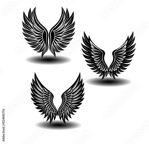 Decorative feather wings vector set in black and white. Includes hand-drawn angel wing icons for spiritual art, logo design, tattoo flash, and religious illustrations.

