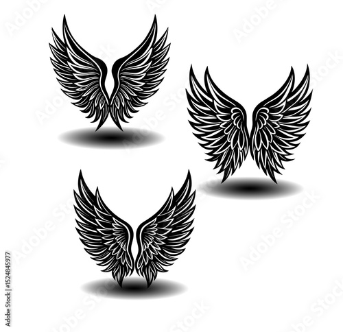 Monochrome feather wings icon set in angel style. Vector format with high-detail outlines perfect for religious logos, tattoos, fantasy art, and graphic storytelling.

