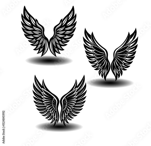 Hand-drawn black and white feather wings vector illustration set. Includes angelic icon styles for gothic branding, tattoos, posters, and creative design work.

