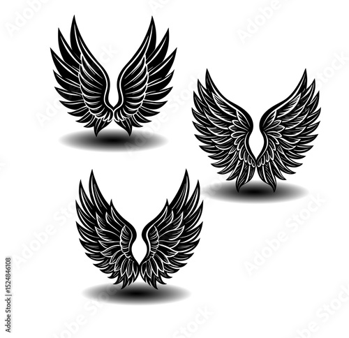 Detailed angel wings vector icon collection in black and white. Feathered outlines perfect for spiritual branding, tattoo ideas, fantasy scenes, and creative art prints.


