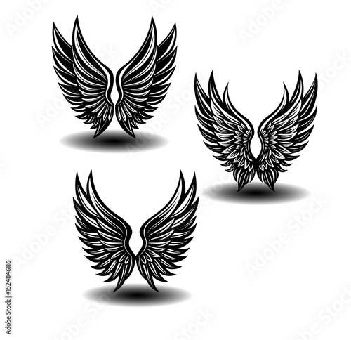 Black and white angel wings icon set in feather vector style. Perfect for religious branding, tattoo design inspiration, fantasy graphics, and minimalist decor themes.

