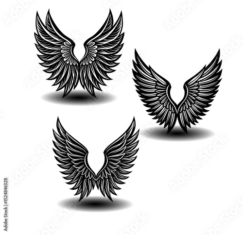 Elegant feathered angel wings vector set in black and white. Designed for religious symbolism, fantasy illustrations, tattoo art, and gothic design applications.

