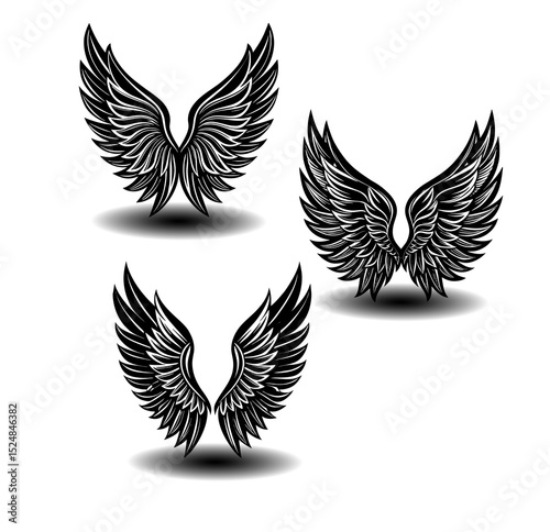 High-resolution black and white vector set of angel wings. Feather icons perfect for fantasy branding, tattoo graphics, religious illustrations, and decorative art.


