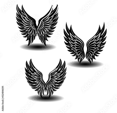 Angel wings icon set in clean black and white vector outlines. Feather graphics ideal for tattoos, sacred symbols, fantasy book illustrations, and branding elements.

