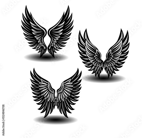 Monochrome vector set of angel wings icons in black and white. Feather designs suited for minimalist art, sacred branding, gothic style, and heavenly spiritual illustrations.

