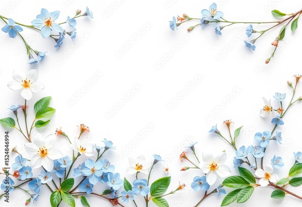 Obraz premium Continuous blue floral border, delicate blossoms & leaves on white, artwork, design