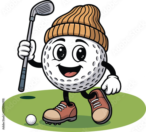 cartoon golf ball player vector illustration, Golf ball character with hat and shoes carrying a golf stick, sticker, vintage, funny, logo, comic, vintage, line art in a transparent background.