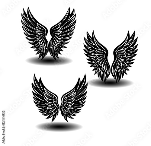 Minimalist black and white angel wings icon vector set. Feathered designs perfect for line art tattoos, branding packages, spiritual illustrations, and fantasy-themed decor.


