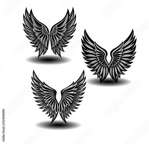 Elegant black and white feathered angel wings vector illustration set. Ideal for religious symbols, fantasy stories, gothic art, tattoo templates, and minimalistic branding elements.

