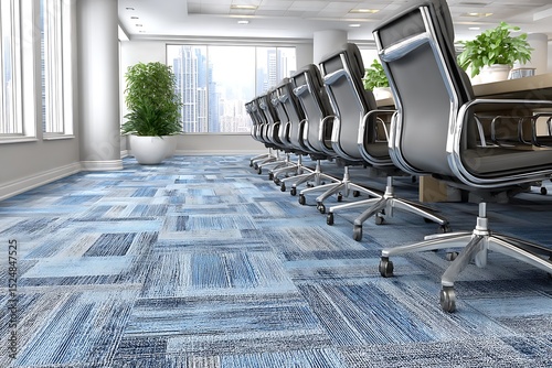 Modern conference room with blue carpet tiles and ergonomic chairs in a bright office space
