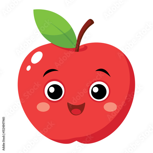 Cute Red Apple Cartoon Character with Happy Smiling Face and Leafy Stalk