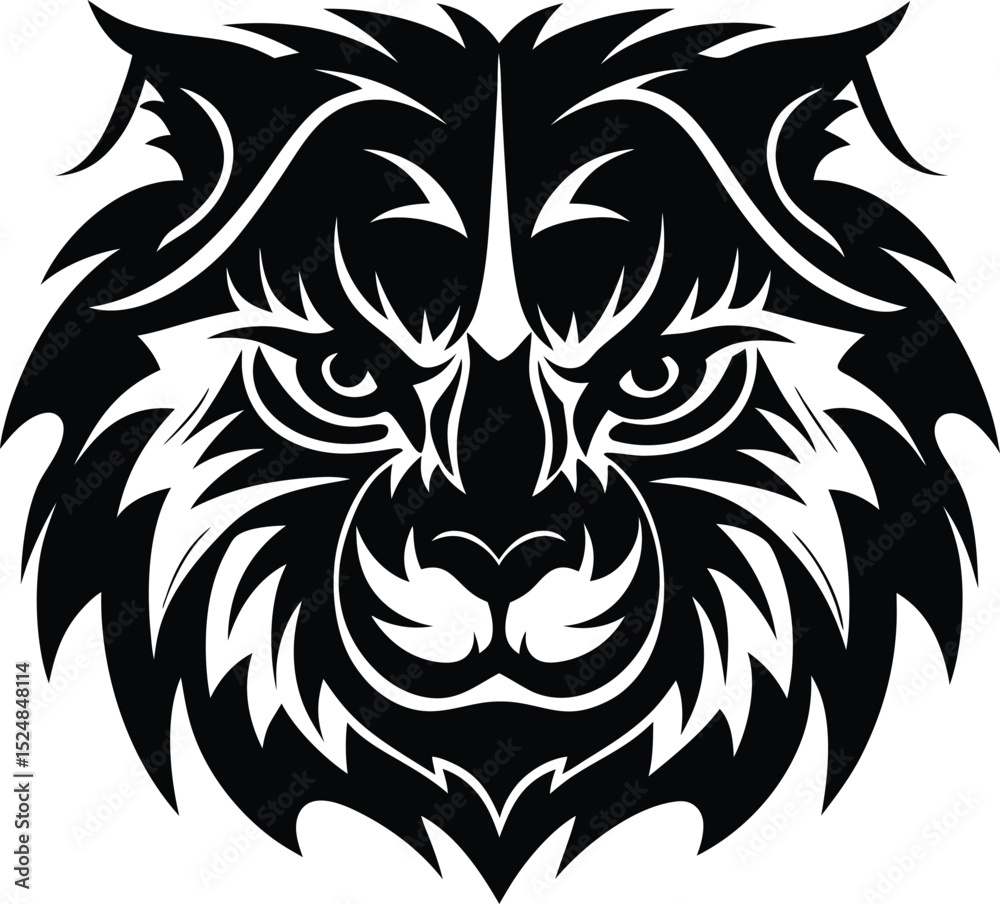 Obraz premium Fierce Tribal Lion Head Illustration with Intricate Black Tribal Patterns