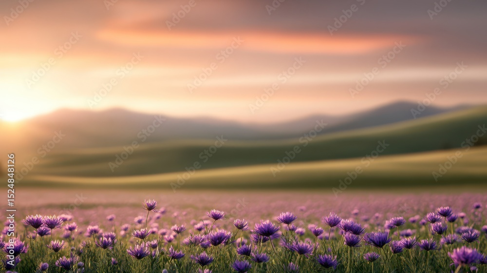 Naklejka premium Lavender dreams at sunset: A field of blooming lavender sways gently in the breeze under a warm sunset glow, framed by rolling hills on the horizon, evoking serenity.