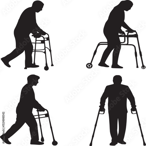 Four silhouettes depicting elderly individuals using walkers and canes for mobility assistance tool