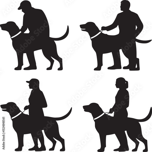 Four silhouettes of dogs with collars and people walking them in different poses and styles on white