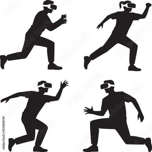 Four silhouettes of people wearing vr headsets in various running and reaching poses on white background