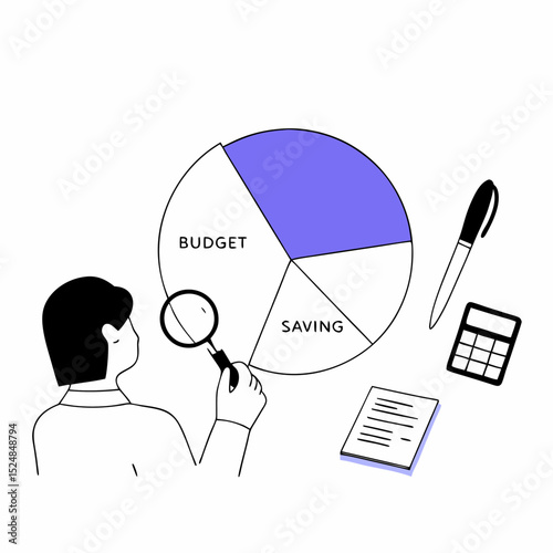 Budget planning, financial expense or spending allocation, investment, income, saving percentage pie chart, cost tracking or debt management concept, businessman analyze budget allocation pie chart.