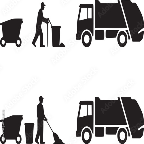 Two sets of solid black silhouettes depicting waste management scenes on a white background space