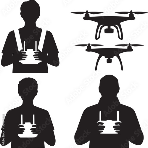 Silhouettes of people holding drone controllers with two drones in black and white illustration