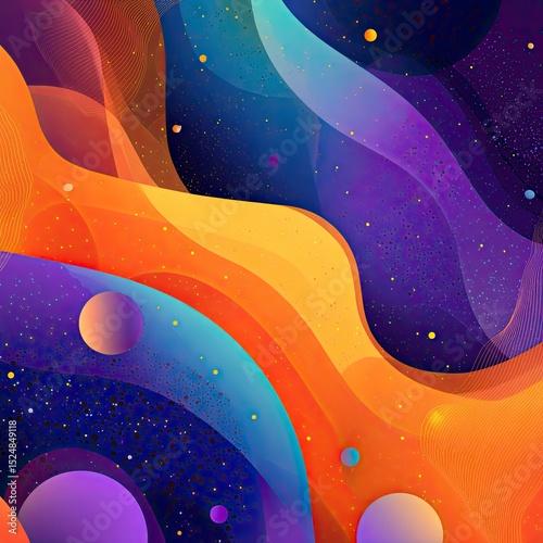 Abstract cosmic swirls in vibrant orange, purple, and blue hues, interspersed with glowing planets and speckled starlight