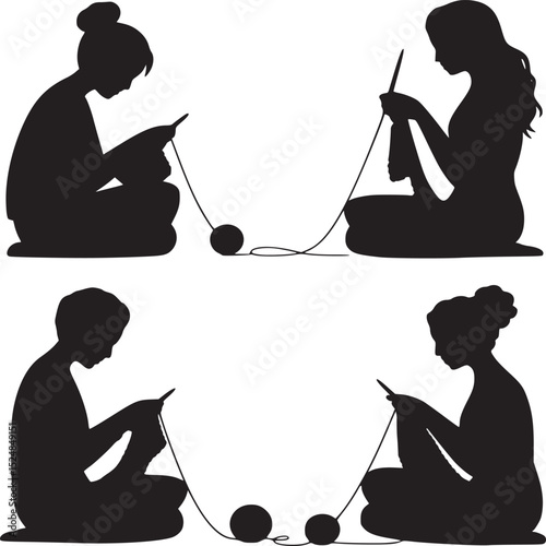 Four silhouettes knitting with yarn balls on a white background in a square arrangement pattern