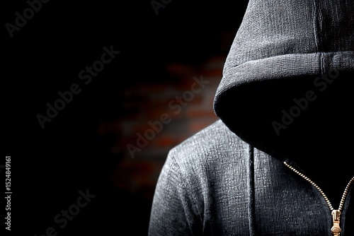 Mysterious hooded figure stands in shadow, concealing identity against a dark brick wall backdrop