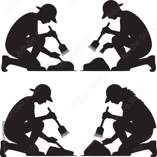Silhouettes of people kneeling and brushing dirt on a white background in a pattern design style