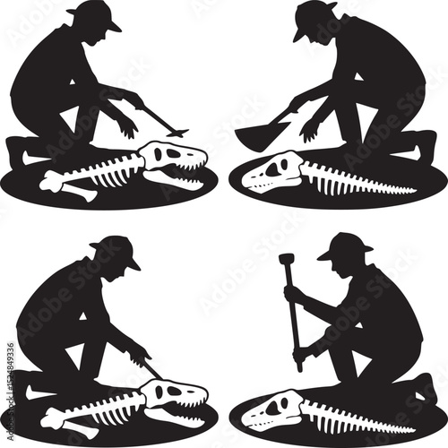 Silhouettes of paleontologists excavating dinosaur fossils on a white background in a collage style