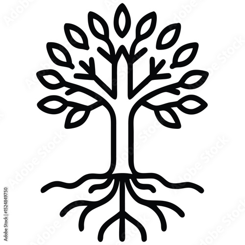 Stylized Tree of Life Illustration with Roots and Leaves Design Element