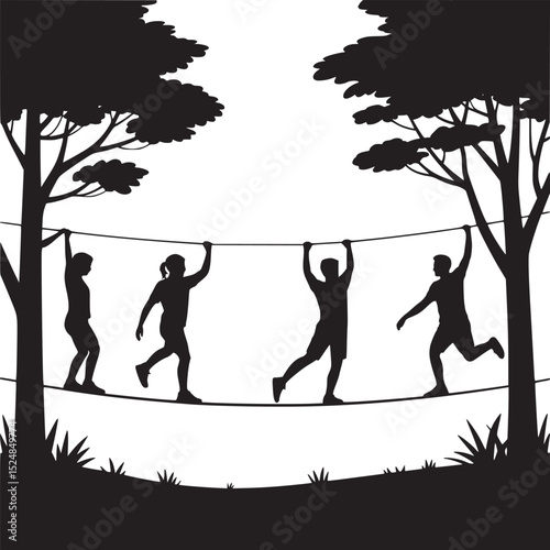 Silhouette of people on a rope bridge between trees in a black and white landscape scene outdoors