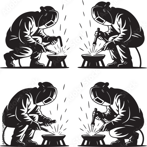 Black and white illustration of welders at work in a repeating pattern on a white background